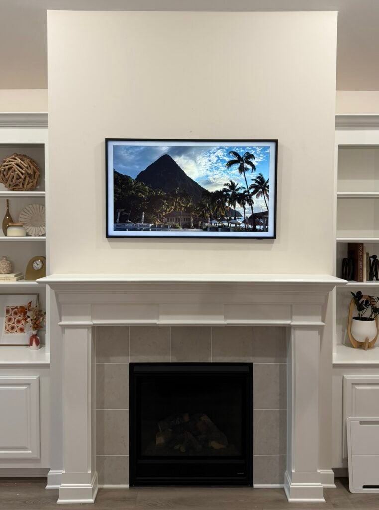 Samsung Frame TV mounted above fireplace in Prospect KY Samsung Frame TV mounted above fireplace in Prospect KY