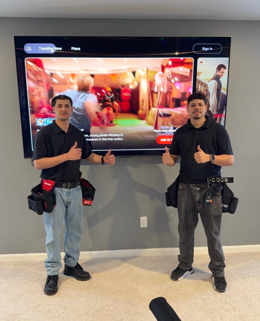 98 Inch TV Installation – Clean Setup with Hidden Wires by Expert Installers Two professional TV installers in front of a perfectly mounted 98 inch TV with hidden wires and clean finish