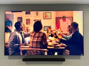 98” TV with Sonos Arc Ultra and hidden wires 98 inch TV mounted with Sonos Arc Ultra soundbar and hidden wires, clean setup